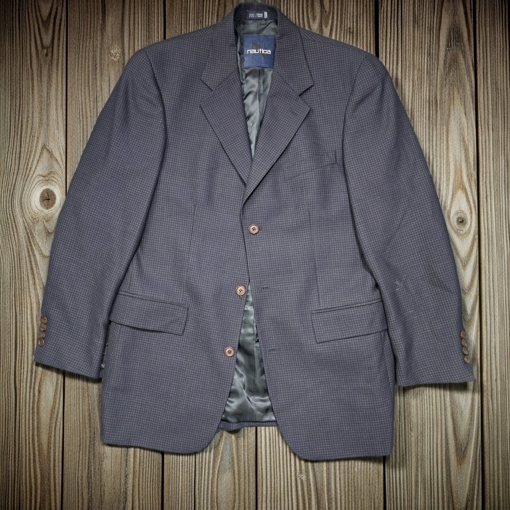 Nautica Mens 40L Blazer Worsted Wool‎ Navy Blue Micro Check Sport Coat 3-Button